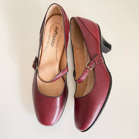 Softspots Shoes - Softspots Burgundy Leather Mary Jane Pumps 9.5 Low Block Heel Grannycore Cottage